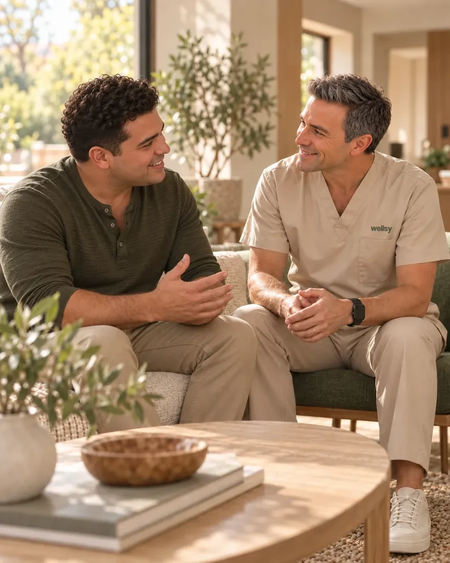 A man and a doctor in cream scrubs talking on a sofa