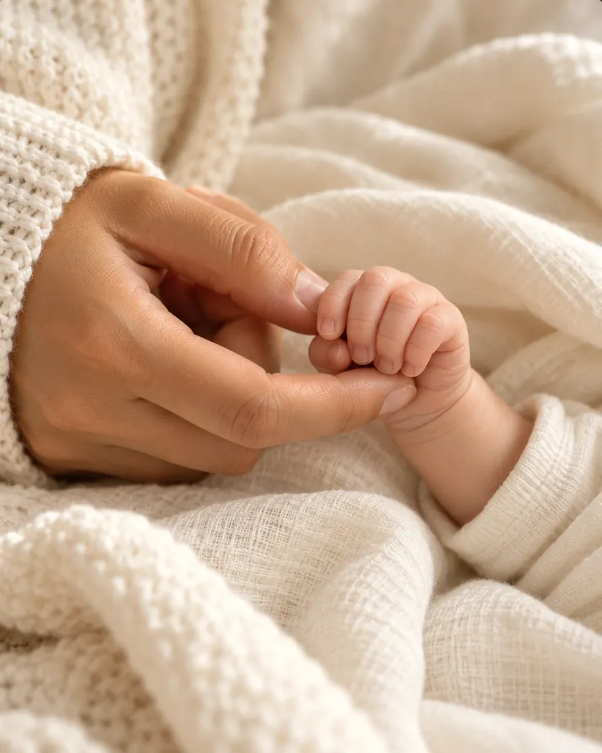 An adult hand holding a newborn's tiny fist on a cream knit blanket