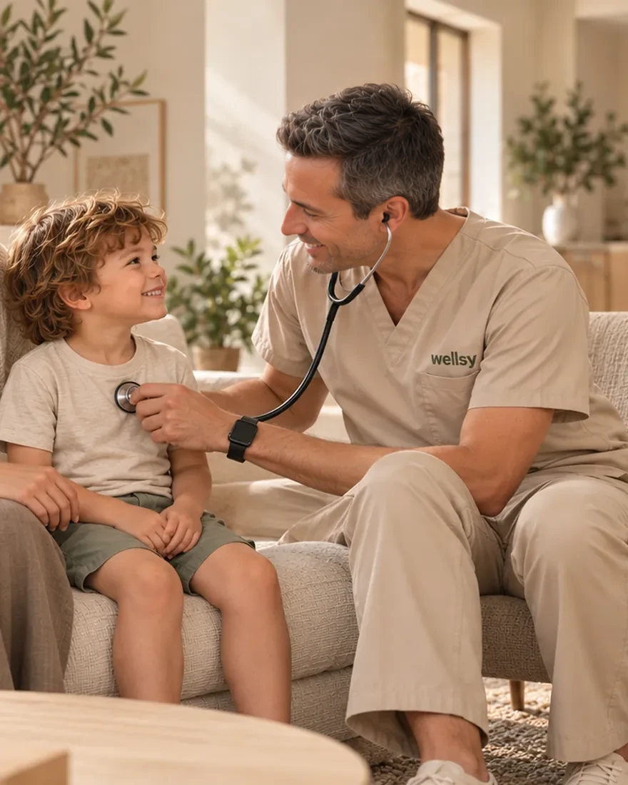 A doctor in cream scrubs listens to a young boy's heart with a stethoscope