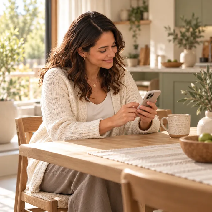 A woman at her kitchen table signing up on her phone
