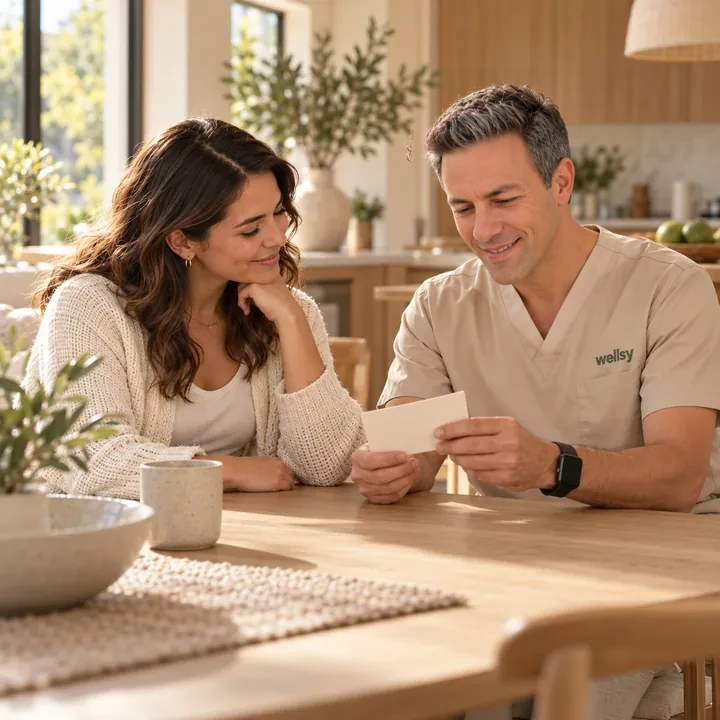 A doctor in cream scrubs reviewing a card with a woman at a table