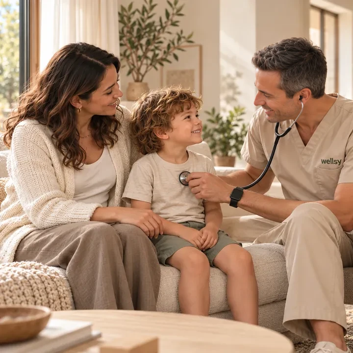 A doctor listening to a boy's heart on the family sofa