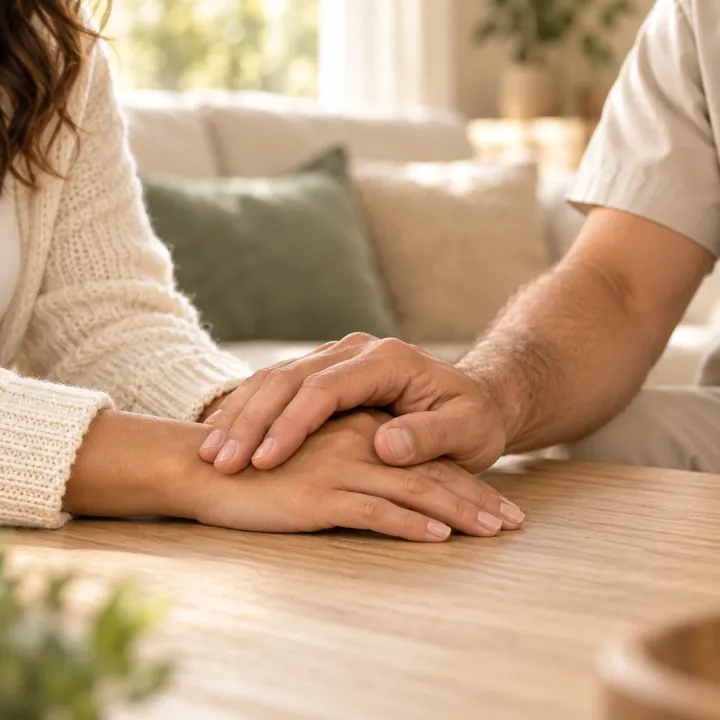 A caring hand resting on another person's hand on a wooden table