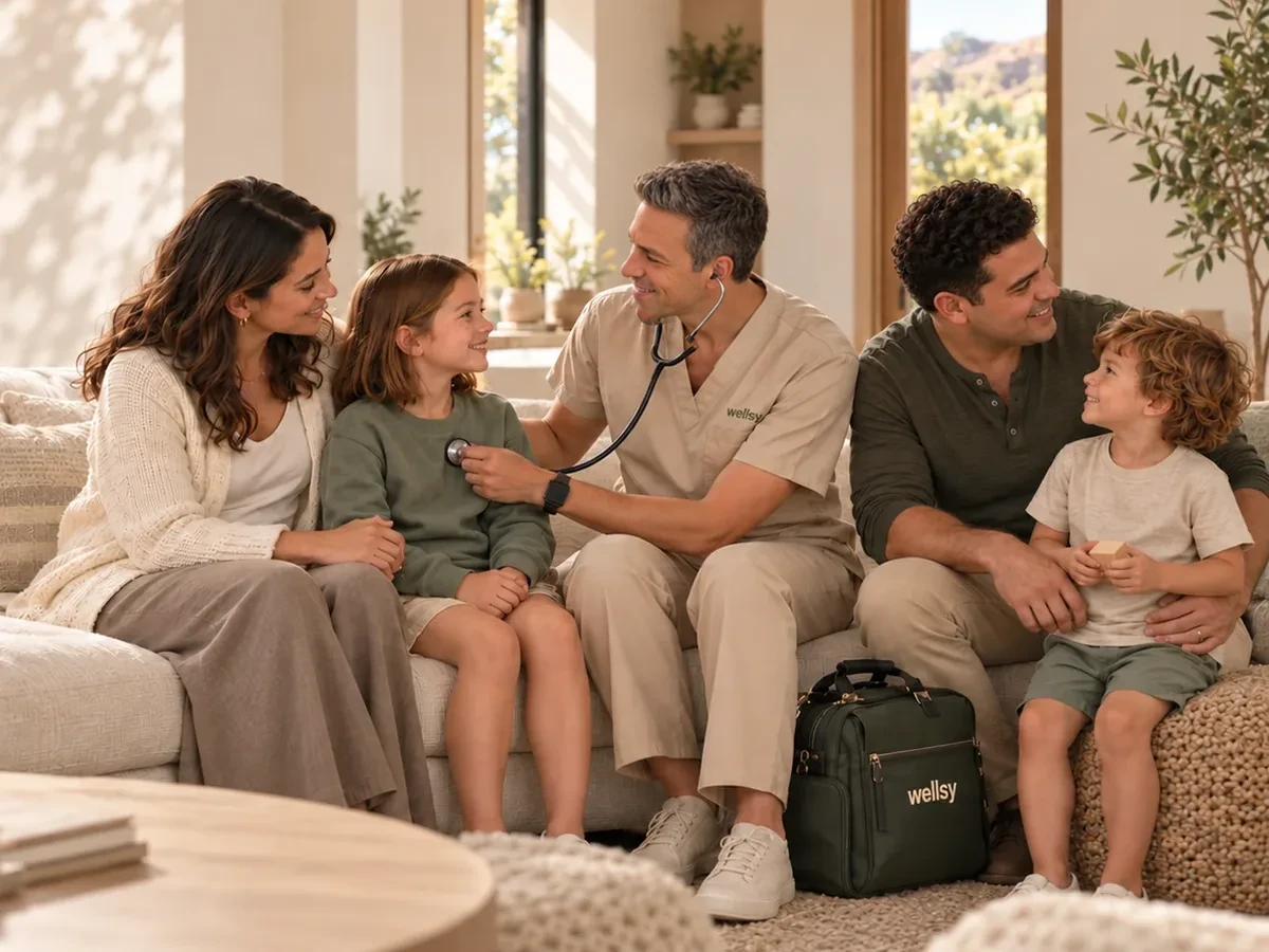 A doctor in cream scrubs listens to a girl's heart while her family watches from the sofa